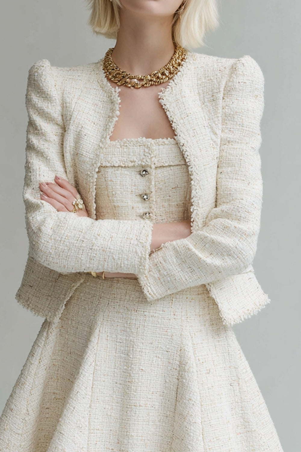 2-Piece White A Line Tweed Skirt Suit