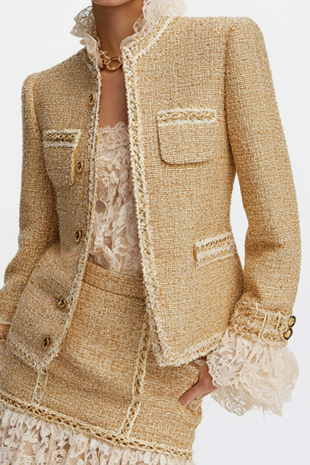 2-Piece Golden Tweed Skirt Suit with Lace