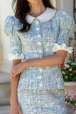 Ruffled 2-Piece Tight Tweed Blue Tea Party Dress