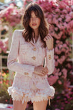 Ruffled Light Pink Long Sleeve Tweed Tea Party Dress