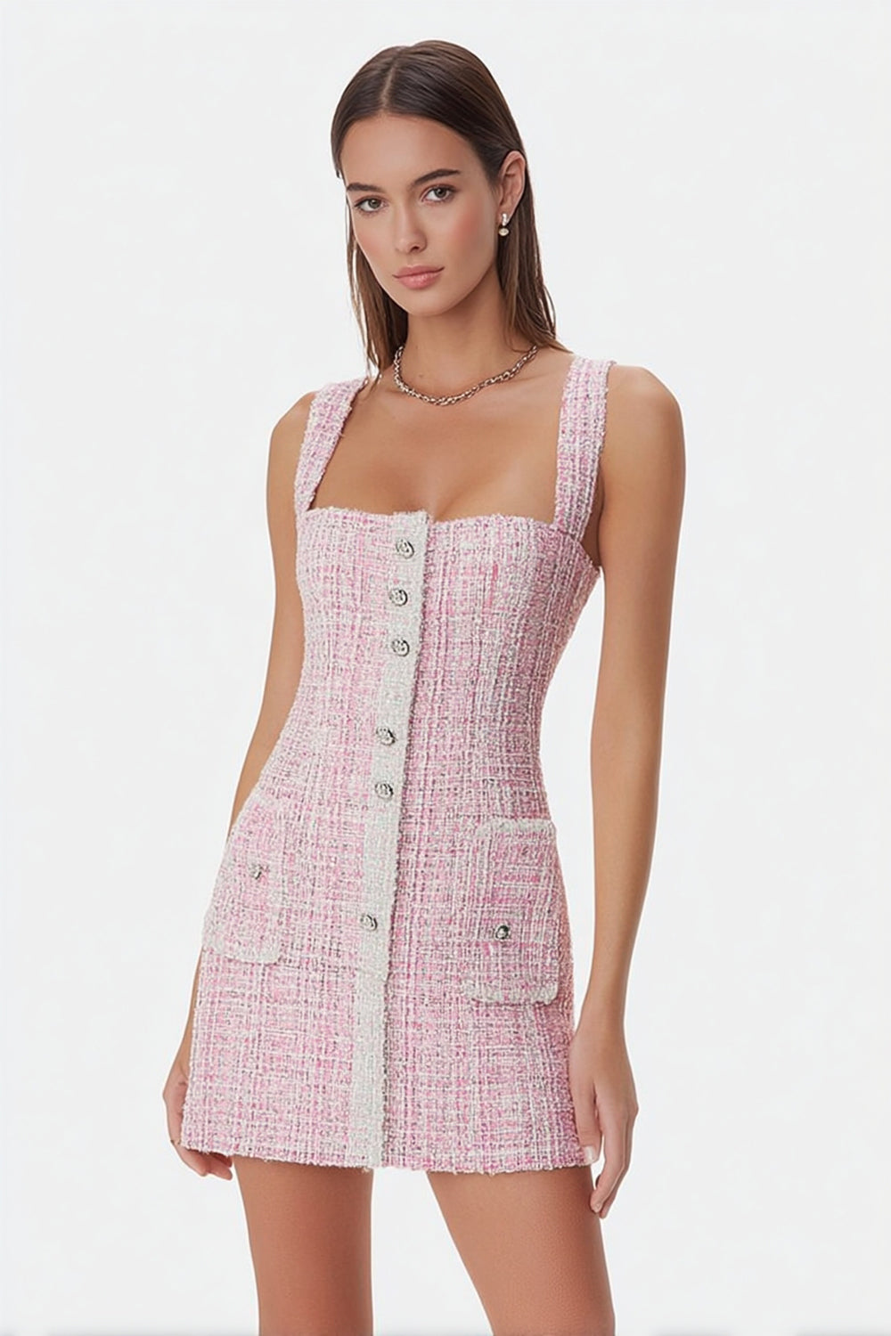 Pink Square Neck Tight Tweed Mini Dress