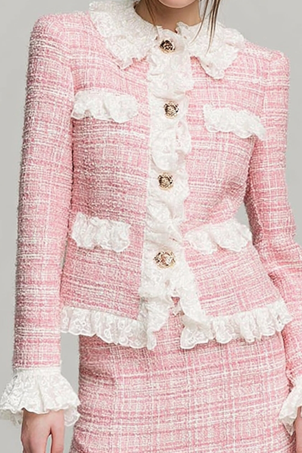 Long Sleeve Lace Pink Tweed 2-Piece Mini Dress