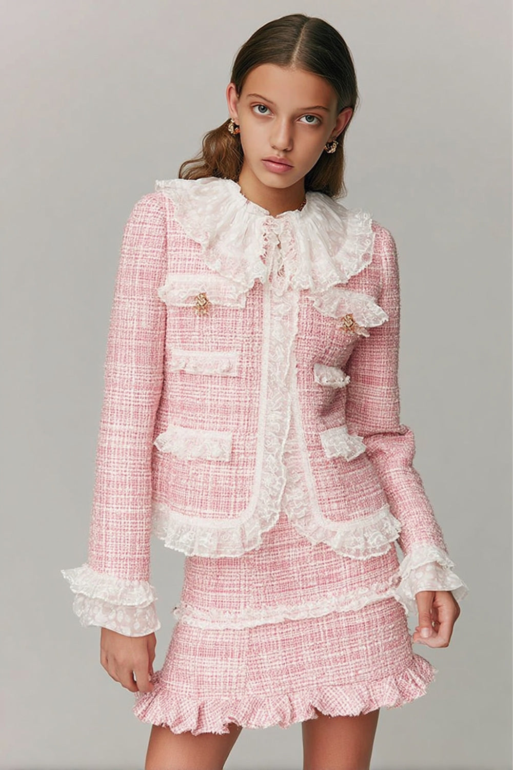 Tweed Pink 2-Piece Tea Party Dress with Lace