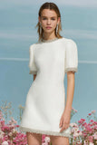 Beaded A Line Short Sleeve White Mini Dress