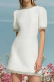 Beaded A Line Short Sleeve White Mini Dress
