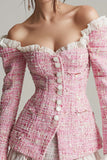 Off The Shoulder Pink Tweed Mini Dress with Ruffles