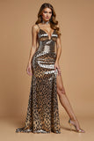 Golden Leopard Sheath Holiday Party Dress with Slit