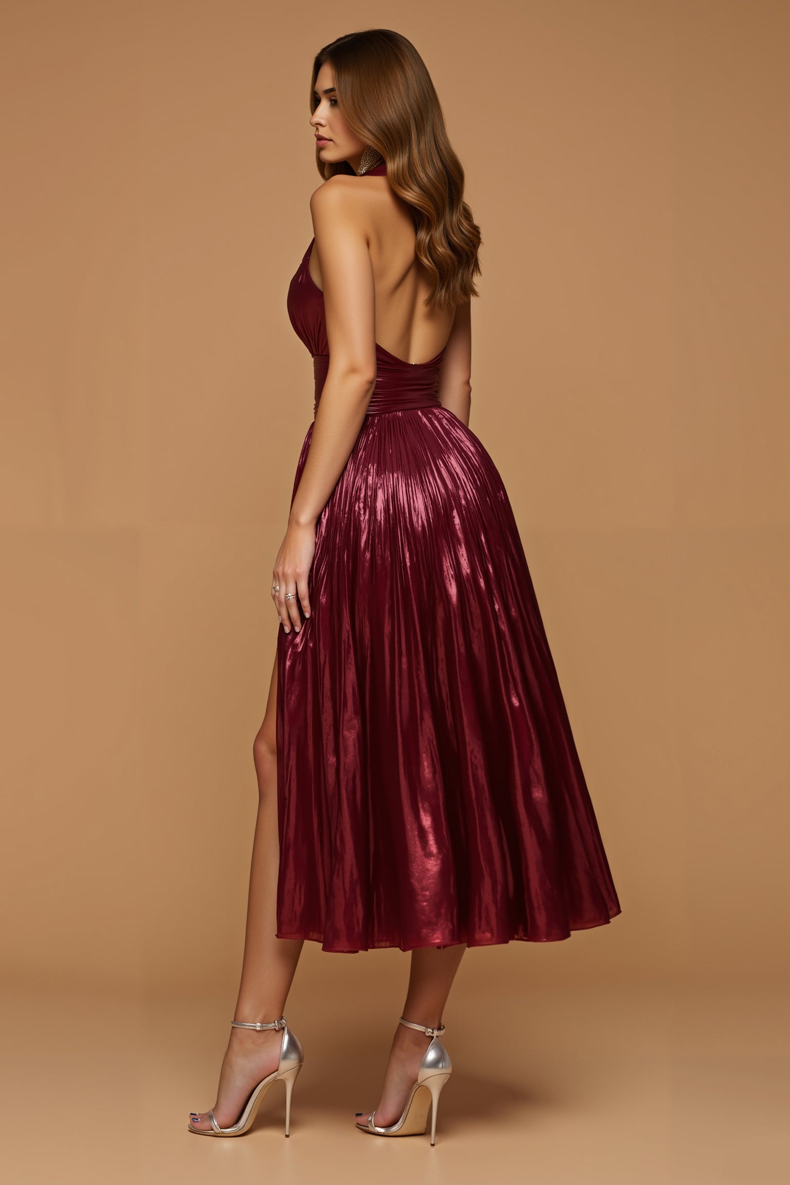 Metallic Halter Pleated Burgundy Holiday Dress with Slit