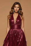 Metallic Halter Pleated Burgundy Holiday Dress with Slit