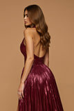 Metallic Halter Pleated Burgundy Holiday Dress with Slit
