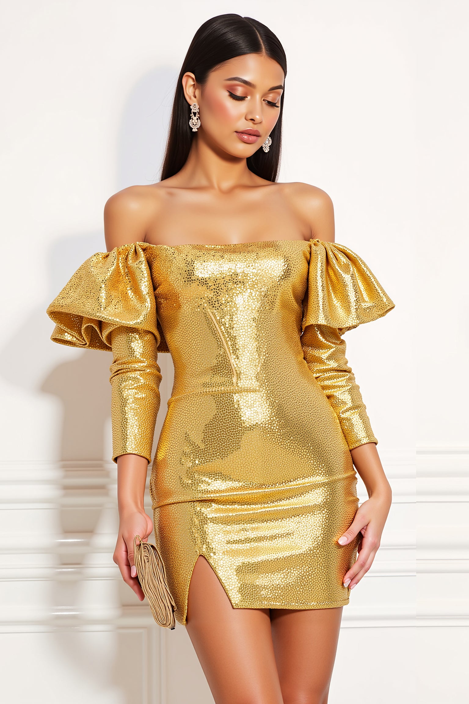 Sparkly Golden Off The Shoulder Homecoming Dress with Slit