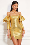 Sparkly Golden Off The Shoulder Homecoming Dress with Slit