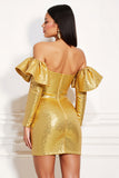 Sparkly Golden Off The Shoulder Homecoming Dress with Slit