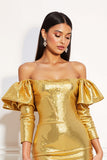 Sparkly Golden Off The Shoulder Homecoming Dress with Slit