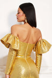 Sparkly Golden Off The Shoulder Homecoming Dress with Slit