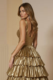 Metallic Golden A Line Tiered One Shoulder Prom Dress With Slit