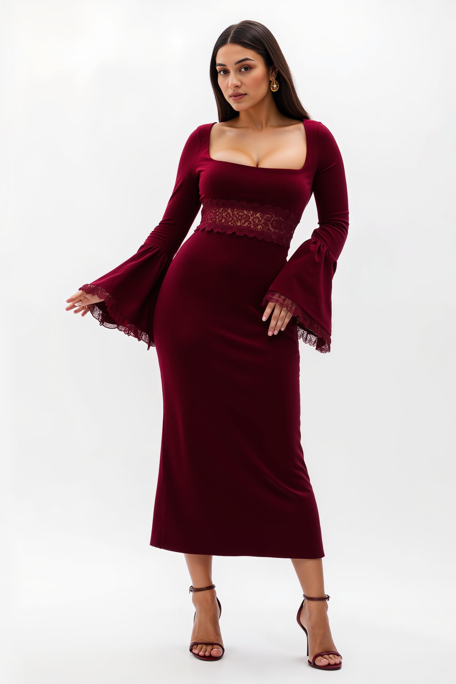 Burgundy Midi Sheath Wedding Guest Dress with Flare Sleeves
