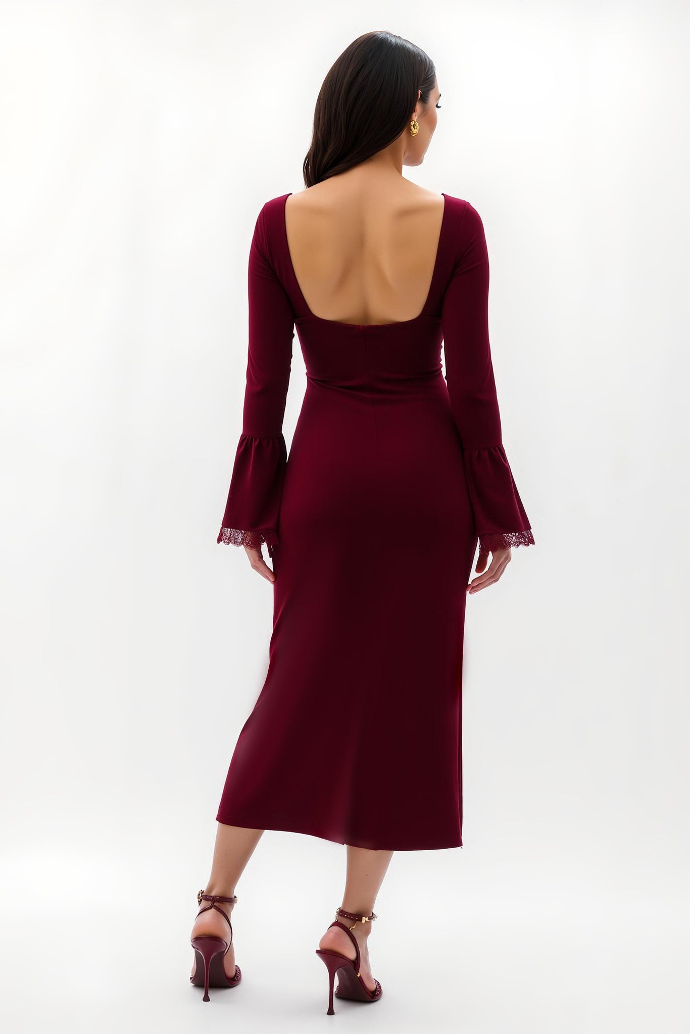 Burgundy Midi Sheath Wedding Guest Dress with Flare Sleeves