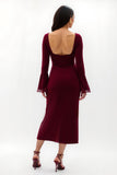 Burgundy Midi Sheath Wedding Guest Dress with Flare Sleeves