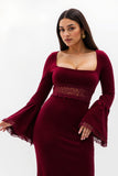 Burgundy Midi Sheath Wedding Guest Dress with Flare Sleeves