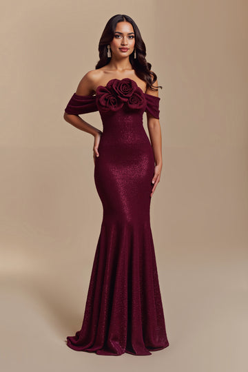 Sparkly Mermaid Burgundy Off The Shoulder Formal Dress with 3D Flowers