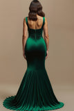 Velvet Mermaid Square Neck Dark Green Formal Dress