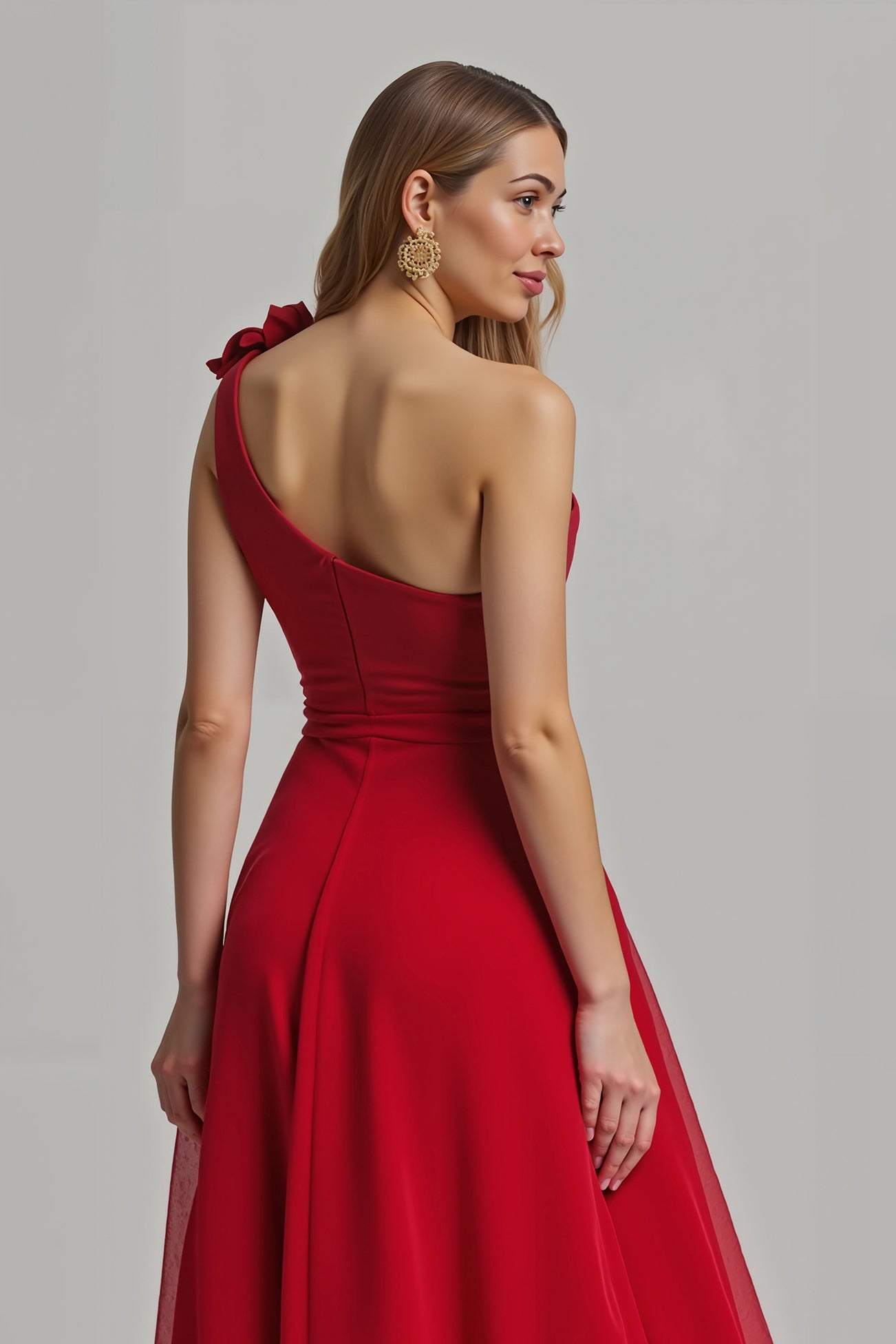 One Shoulder A Line Long Red Formal Dress with 3D Flower