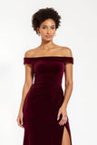 Burgundy Velvet Off The Shoulder Formal Dress with Slit