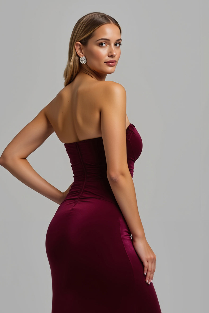 Strapless Burgundy Mermaid Velvet Formal Dress