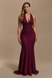 Glitter Mermaid Burgundy Ruched Halter Long Formal Dress