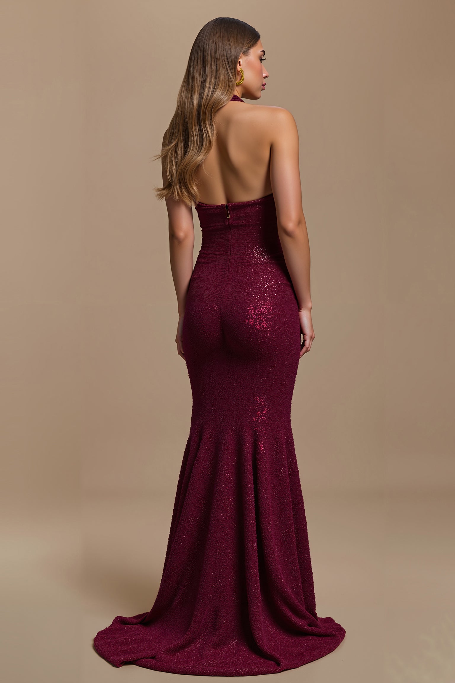 Glitter Mermaid Burgundy Ruched Halter Long Formal Dress