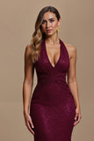 Glitter Mermaid Burgundy Ruched Halter Long Formal Dress