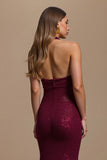 Glitter Mermaid Burgundy Ruched Halter Long Formal Dress