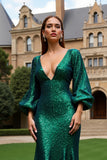 Sparkly Mermaid Long Sleeve Dark Green Formal Dress