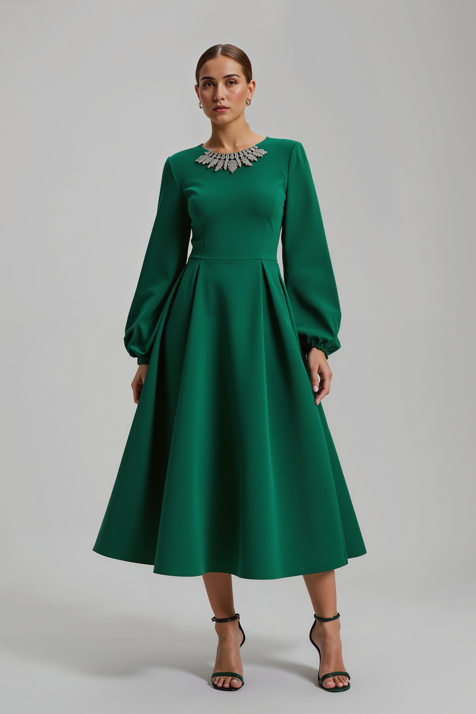 Dark Green A Line Long Sleeve Midi Holiday Party Dress
