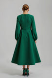 Dark Green A Line Long Sleeve Midi Holiday Party Dress