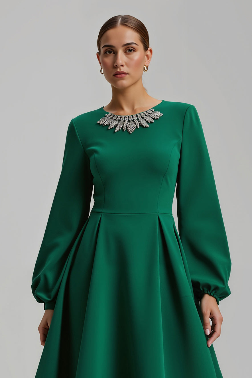 Dark Green A Line Long Sleeve Midi Holiday Party Dress