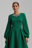 Dark Green A Line Long Sleeve Midi Holiday Party Dress