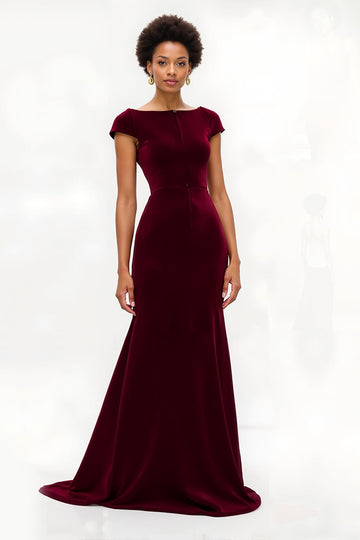 Mermaid Burgundy Velvet Holiday Dress With Sleeves