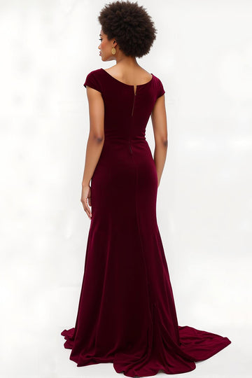 Mermaid Burgundy Velvet Holiday Dress With Sleeves