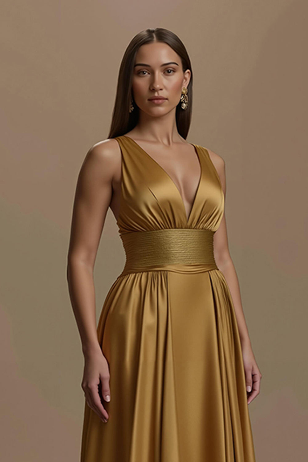 Golden A-Line V-Neck Satin Maxi Holiday Dress