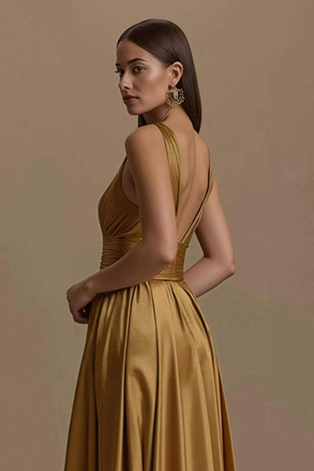 Golden A-Line V-Neck Satin Maxi Holiday Dress