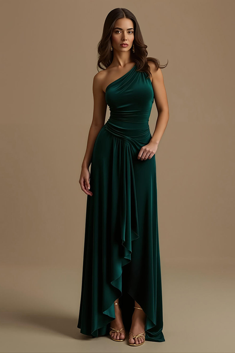 One Shoulder Velvet Dark Green Asymmetrical Holiday Dress