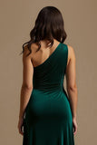 One Shoulder Velvet Dark Green Asymmetrical Holiday Dress
