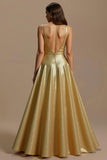 Golden Metallic Satin A-Line Holiday Dress