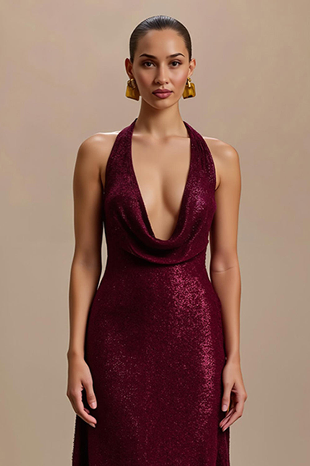 Glitter Burgundy Halter Holiday Dress
