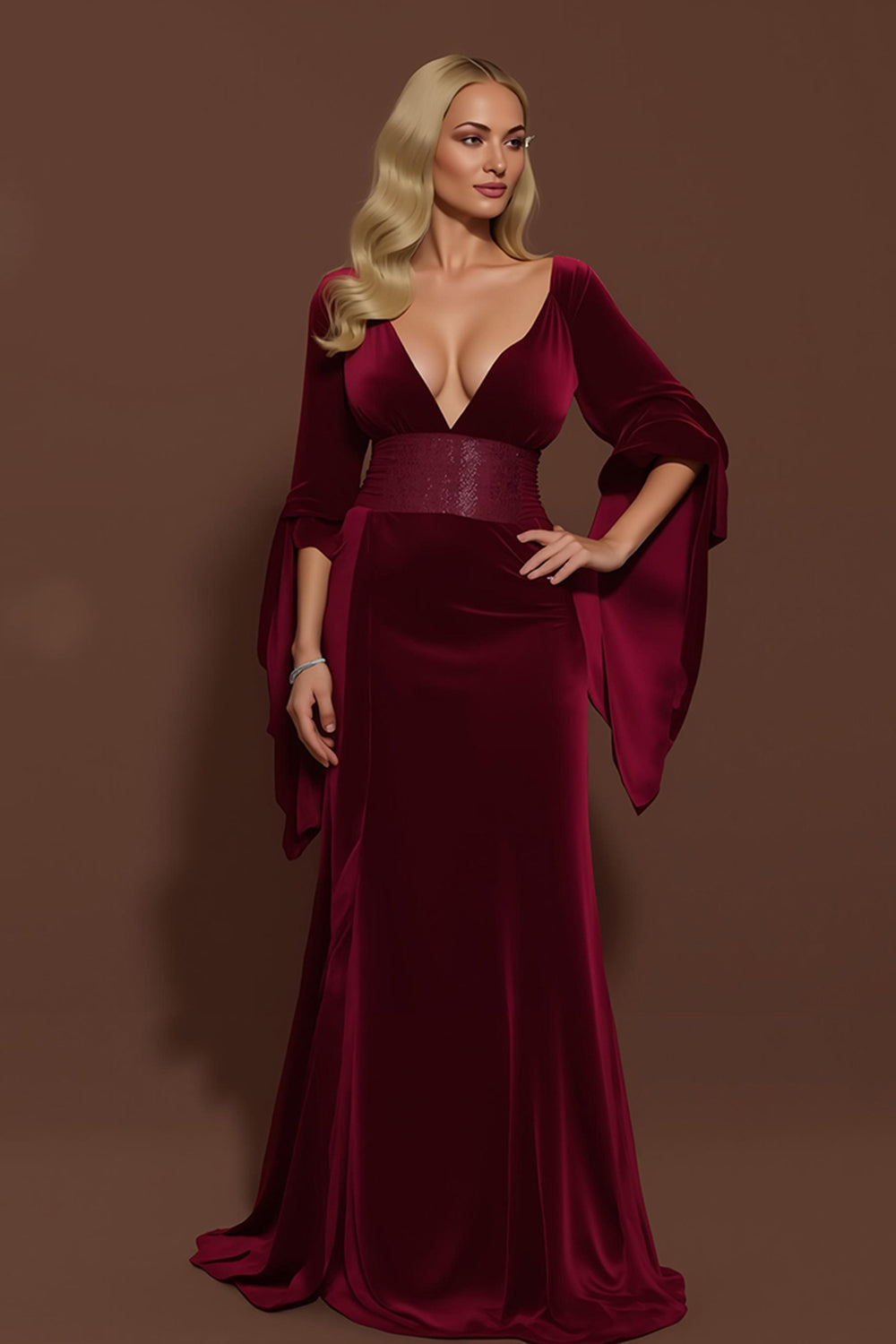 Burgundy Velvet V-Neck Holiday Dress with Long Sleeves