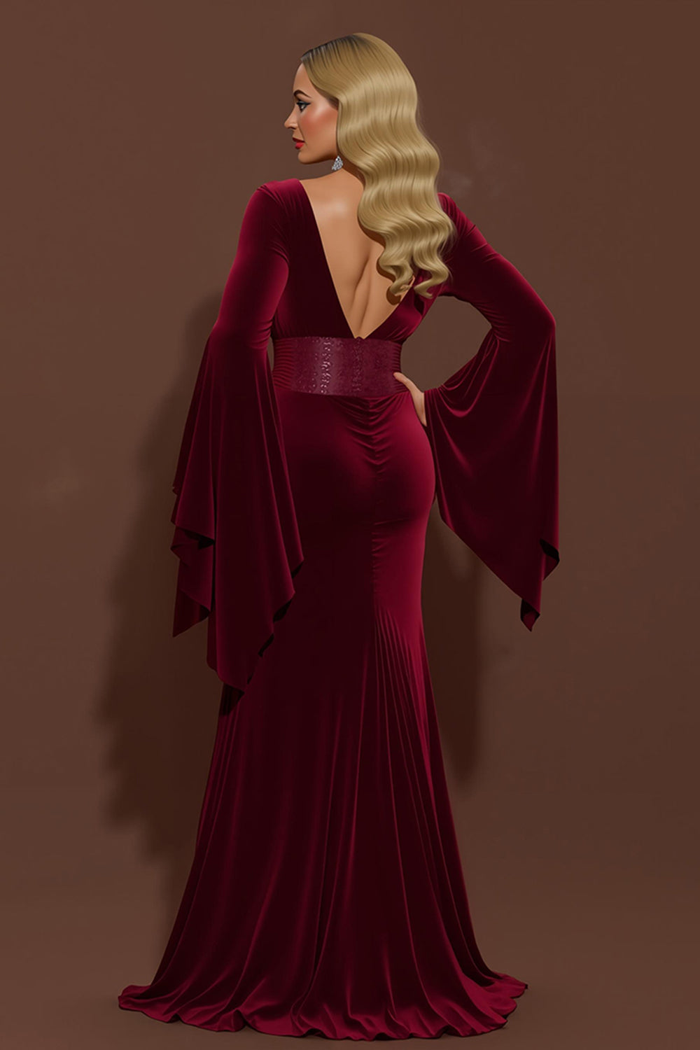 Burgundy Velvet V-Neck Holiday Dress with Long Sleeves