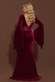 Burgundy Velvet V-Neck Holiday Dress with Long Sleeves