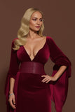 Burgundy Velvet V-Neck Holiday Dress with Long Sleeves